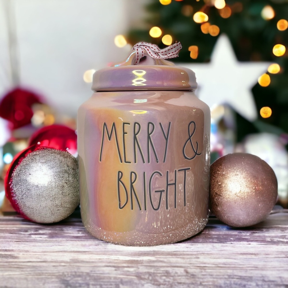 Rae Dunn Pink Iridescent Holiday Cookie Jar Merry & Bright Christmas Decor New - Picture 1 of 9